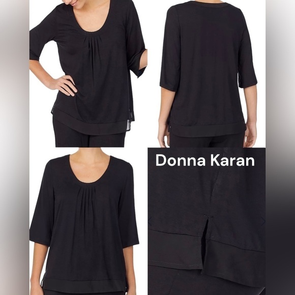 Donna Karan Classic Lounge Tee In Black Relaxed Style 3/4 Sleeves Size Small - Picture 2 of 16